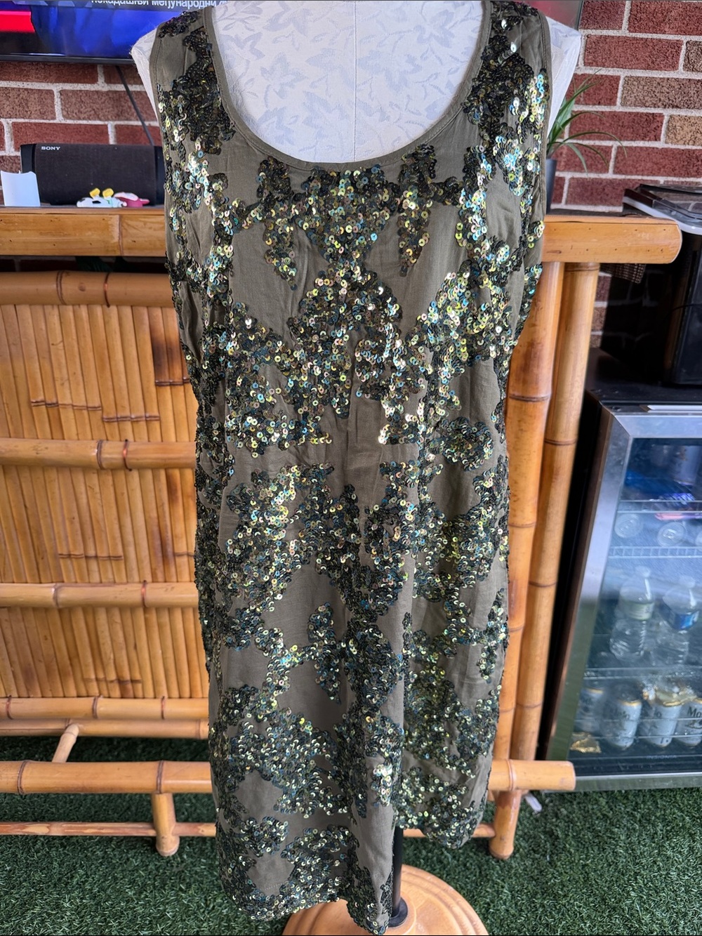 J. Crew Olive Green Sequin Scoop Neck Midi Dress